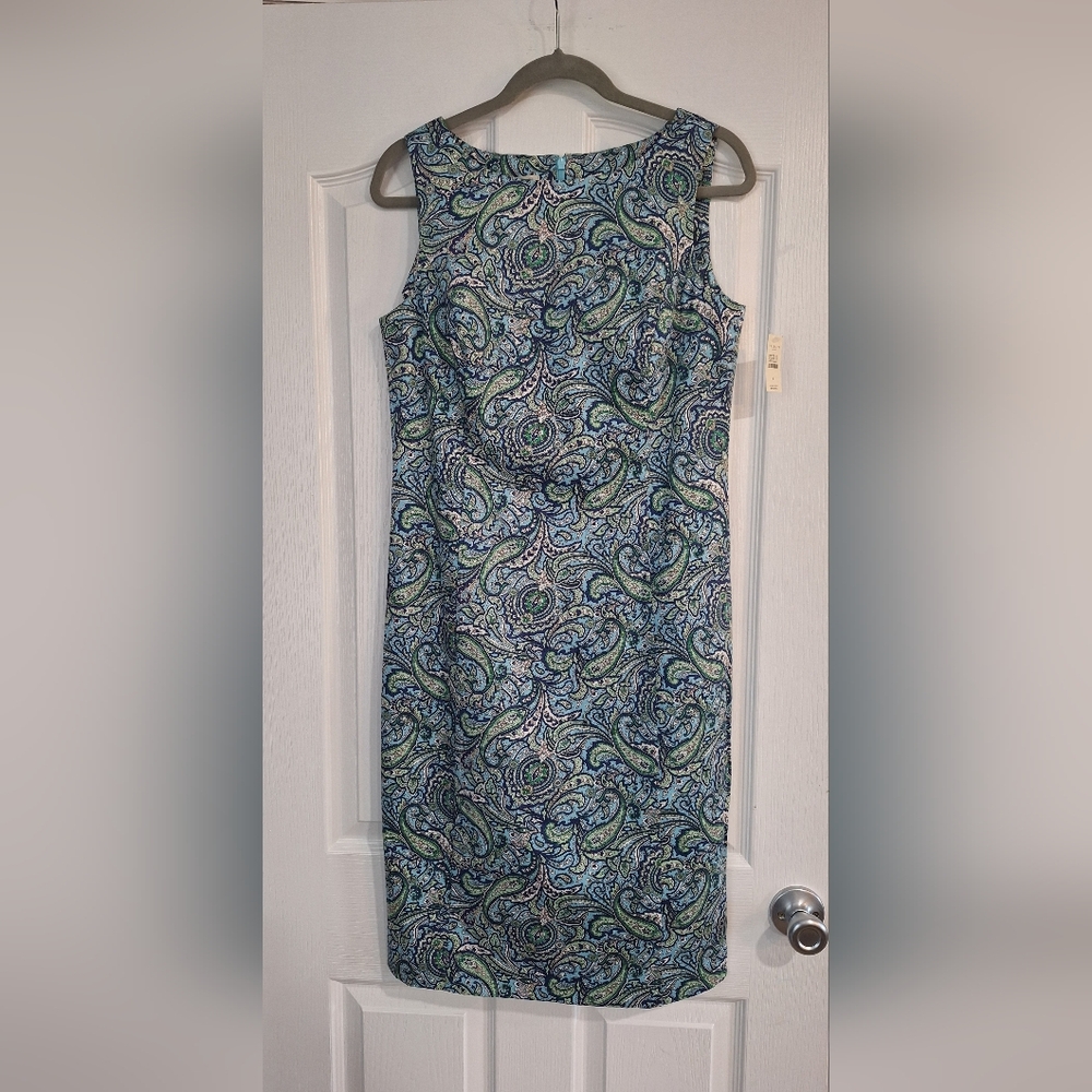 Talbots Paisley Sheath Dress Blue Green Sleeveless Lined